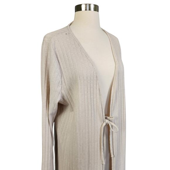 MNG Mango Womens Ribbed Long Duster Cardigan Size Large Beige Tie Front Slits - Picture 5 of 12